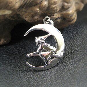Solid 925 Sterling Silver Crescent Moon Witch Flying on Broomstick Pendant